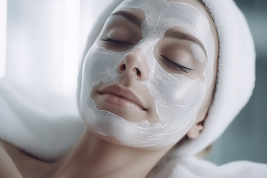 Woman in white mask on face in spa beauty salon
