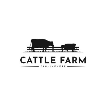 Vintage Retro Cattle Farm Grass logo design