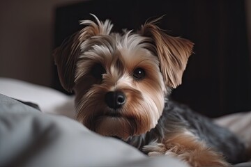 Adorable Dog Relaxing on Bed in Cozy Bedroom with Copy Space. Pet and Home Interior Concept