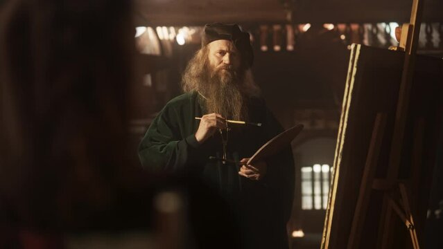 Portrait of a Famous Renaissance Painter Painting a Portrait of a Historical Figure in his Art Studio. Focused Artist Capturing Beauty and Emotions on Canvas, Feeling Inspired, Adding Details