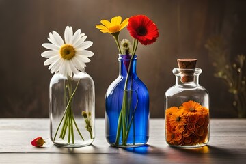 Colorful wildflowers, including daisies, poppies, and lavender, beautifully arranged in glass bottles of varying heights, creating a whimsical and rustic centerpiece.