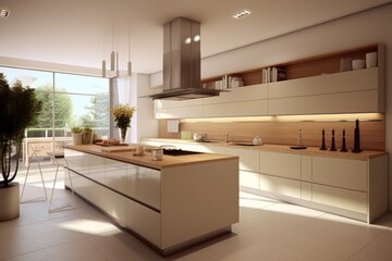 Fototapeta na wymiar 3D Render of a High-End Kitchen with Modern Design, Luxurious Finishes