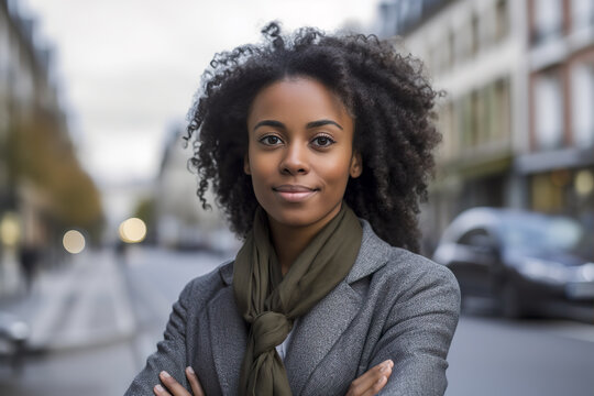 Portrait of a pretty African American girl. Confident stylish young african american woman with curly hair, stands with crossed arms, looks at the camera, smiles friendly