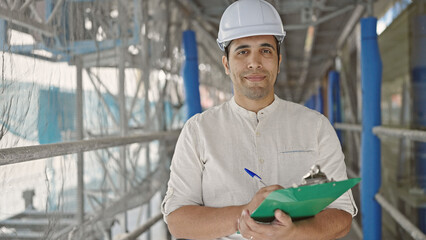 Young hispanic man architect smiling confident writing on document at street