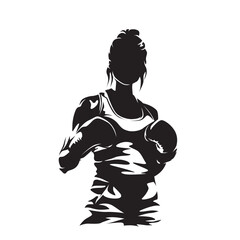 Boxing, female boxer, isolated vector silhouette, ink drawing, front view