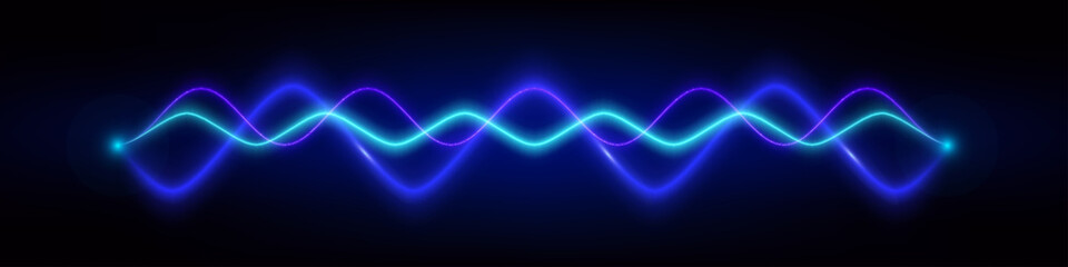 Blue neon audio sound voice wave pulse light. Abstract radio electronic music frequency vector effect background. Vibrant track equalizer waveform, blurred curve graph illustration.