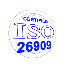 An illustration of ISO 26909 certification, like a stamp, in perspective. White background.