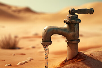 Generative AI illustration of aged metal tap with flowing water in sandy desert on sunny day against blurred background