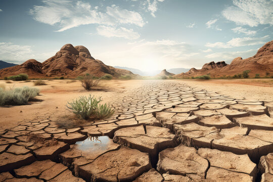 Generative AI illustration of landscape of arid desert terrain with dry soil and rocky mountains against cloudy blue sky on sunny day