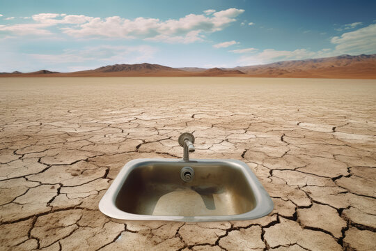 Generative AI illustration of from above of metal sink with tap on sandy ground of desert valley against cloudy blue sky