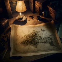 old map of Middle Earth using animal hide in a dusty attic of a house HD 8k 