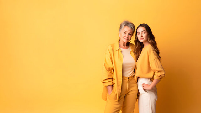 Generative AI illustration of positive grandmother and granddaughter in yellow trendy casual outfits while standing against yellow background
