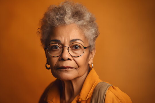 Generative AI illustration portrait of ethnic senior female curly gray hair looking at camera against orange studio background