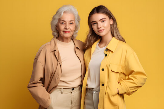 Generative AI illustration of grandmother and granddaughter in cozy jackets smiling and looking at camera while standing against yellow background