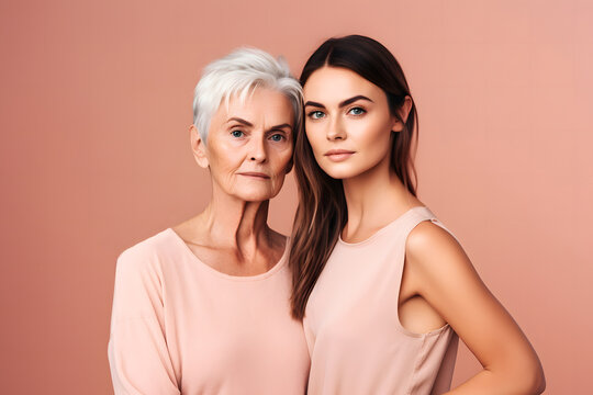 Generative AI illustration of grandmother and granddaughter in with pink clothes and looking at camera while standing against pink background