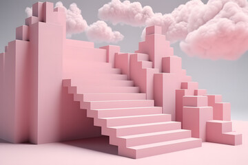 Generative AI image showing 3d illustration of multiple bright purple stairs with solid block pillar and columns against cloudy blue sky in daylight
