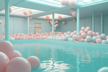 Generative AI illustration of interior design with colorful balloons around edge of blue swimming pool with blue supporting column rods and bright ceiling lights indoors