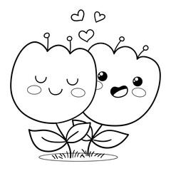 Illustration in black and white of two cute tulips in love, coloring page