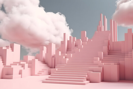 Generative AI image showing 3d illustration of multiple bright purple stairs with solid block pillar and columns against cloudy blue sky in daylight