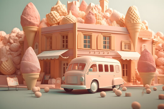 Generative AI illustration of exterior design of cartoon small house with lots of conical iced cream and retro van parked on asphalt road