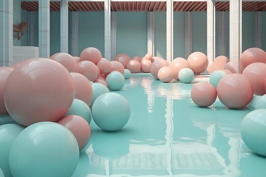 Generative AI illustration of interior design with blue and pink balloons around edge of blue swimming pool with supporting column rods