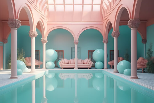 Generative AI illustration of interior design with blue balloons around edge of blue swimming pool with pink supporting column