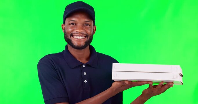 Courier, green screen and black man with delivery, box and package for shipping, order or pizza. Happy, model and person for promotion, advertising and mockup of distribution service person or worker