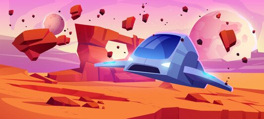 Dry wilderness landscape with spaceship on mars planet cartoon vector background. Alien fantasy universe with floating stone particle and flying shuttle extraterrestrial videogame illustration. © klyaksun