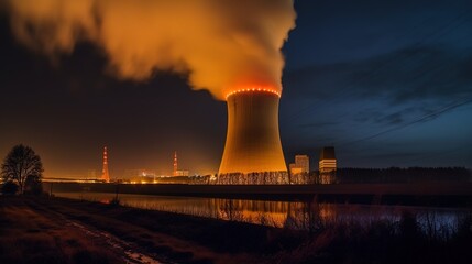 Obraz na płótnie Canvas night landscape operating cooling tower of a thermal power plant near the river. generated ai