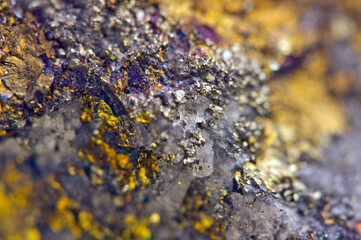 Golden background. Gold. Ore close-up. Nugget. Nugget close-up background. Crystals. - 617419469