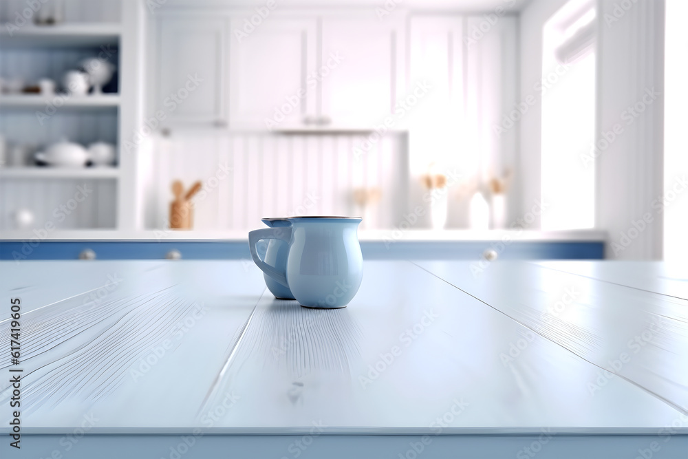 Poster creative mock concept. empty blue wooden table top in front of country kitchen in retro rustic grung