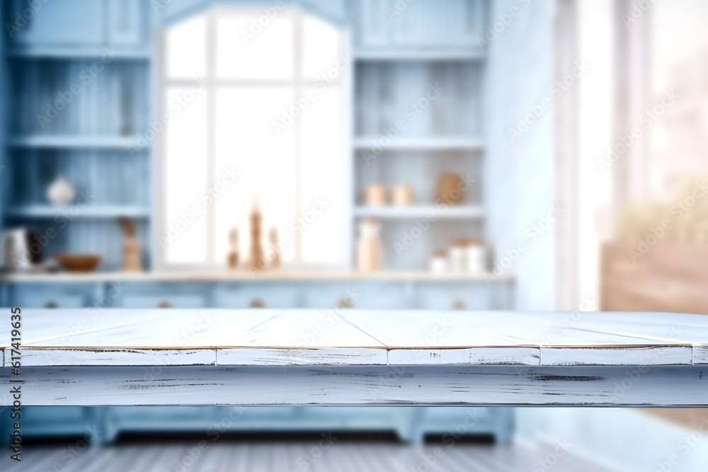 Poster creative mock concept. empty blue wooden table top in front of country kitchen in retro rustic grung