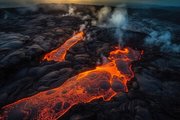 Aerial Views of Majestic Lava Flows. Generative AI