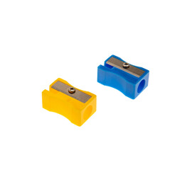 Blue and yellow pencil sharpeners isolated on transparent, closeup, PNG, School supply