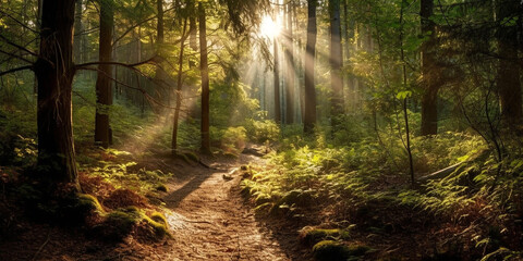 Obraz premium Sunbeams and light morning mist in summer dense deciduous forest. Generative AI