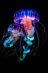 Fototapeta premium vertical image two bright luminous jellyfish on a black background. generated ai