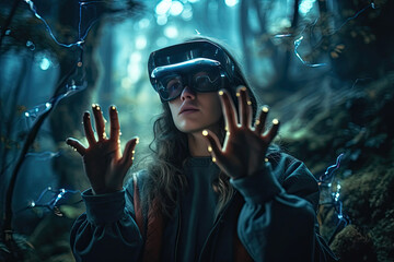 Generative AI image of young woman in virtual reality goggles exploring futuristic world with hands against blurred background