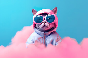 Generative AI illustration of futuristic cat in sunglasses and trendy outfit looking away surrounded by pink clouds against blue sky