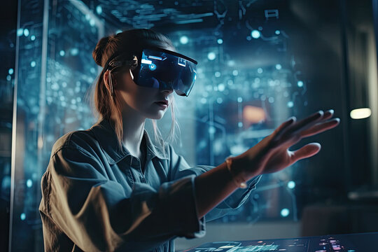 Generative AI image of side view of young woman in virtual reality goggles exploring futuristic world with hands against blurred background