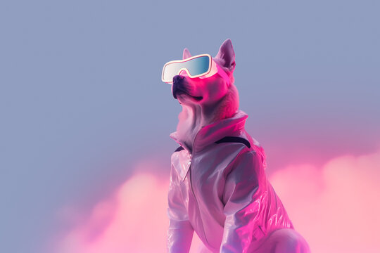 Generative AI illustration side view of stylish dog in trendy virtual glasses and white jacket against blue and pink background