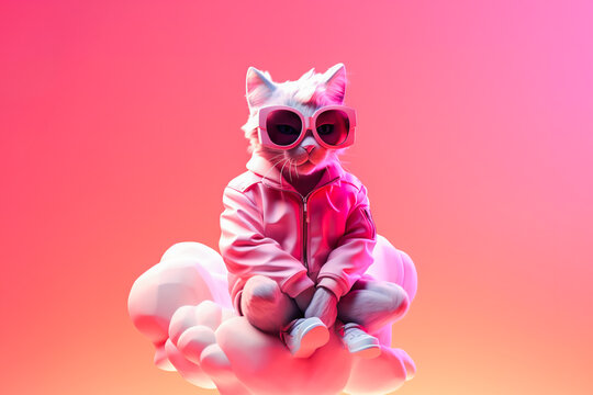 Generative AI illustration of full body of adorable cat in trendy sunglasses and clothes sitting on artificial clouds against pink background