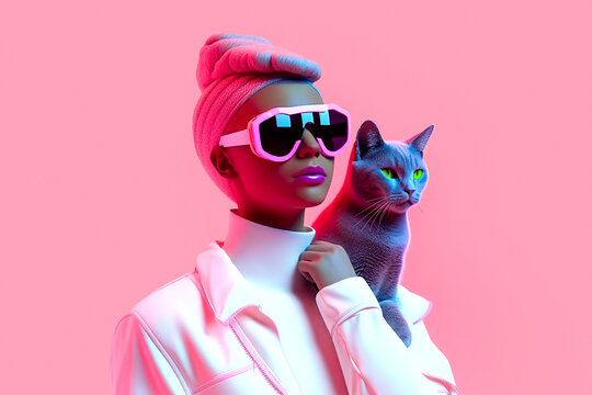 Generative AI illustration of young black woman in trendy outfit and sunglasses with cat sitting on her shoulder against pink background