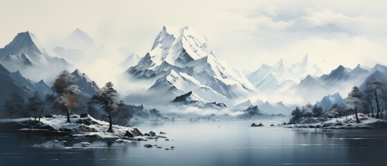 Ink painting freehand landscape, Chinese feng shui ink landscape painting Chinese painting illustration