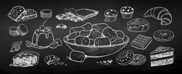 Vector sketchy chalkboard drawing illustration of desserts and bakery. 
