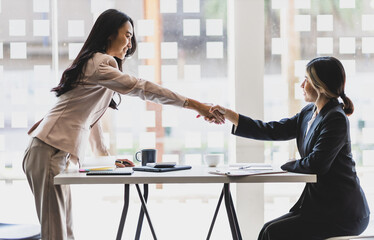 Partner, colleague, businesswoman shaking hands at business meeting, job interview.