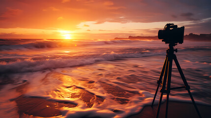 sunset over the ocean with a camera on a tripod during golden hour