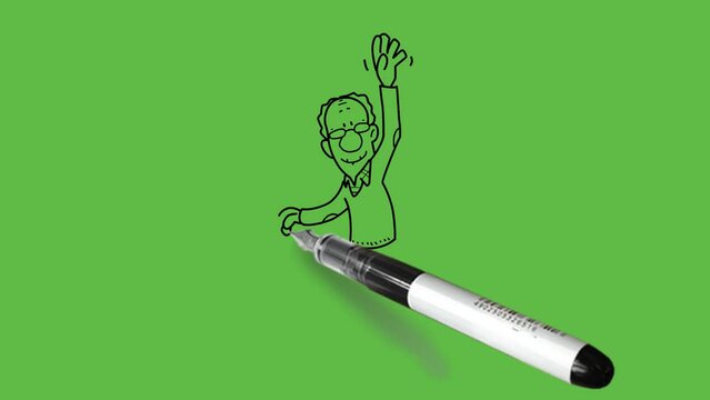 draw old man with spectacles walking with support of stick wave left hand upward with black outline on abstract green screen background
