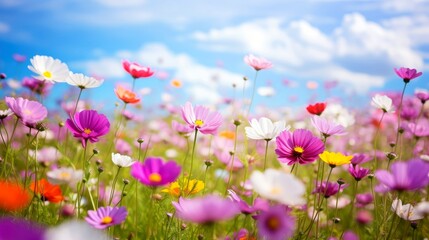 Obraz na płótnie Canvas Nature floral background in early summer. Colorful natural spring landscape with with flowers, soft selective focus, Generative AI illustration
