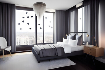 Hotel room in a skyscraper with large glass windows overlooking the city center. A romantic place full of love. Generative illustration ai