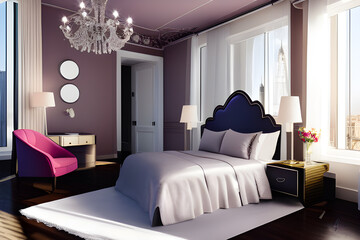 Fototapeta premium Hotel room in a skyscraper with large glass windows overlooking the city center. A romantic place full of love. Generative illustration ai